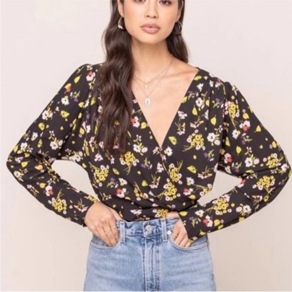 Astr Tops - ASTR THE LABEL | Black Floral Surplice Drape Front Sheer Long Sleeve Bodysuit